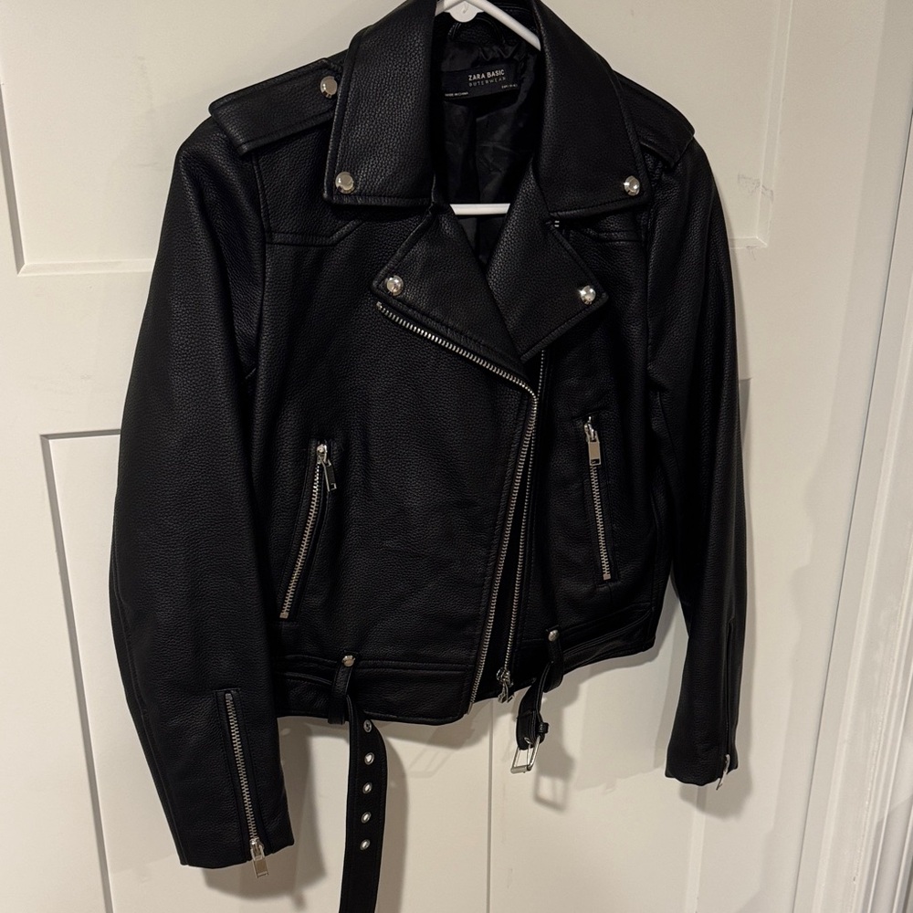 Zara Black Leather Biker Jacket Sz S
